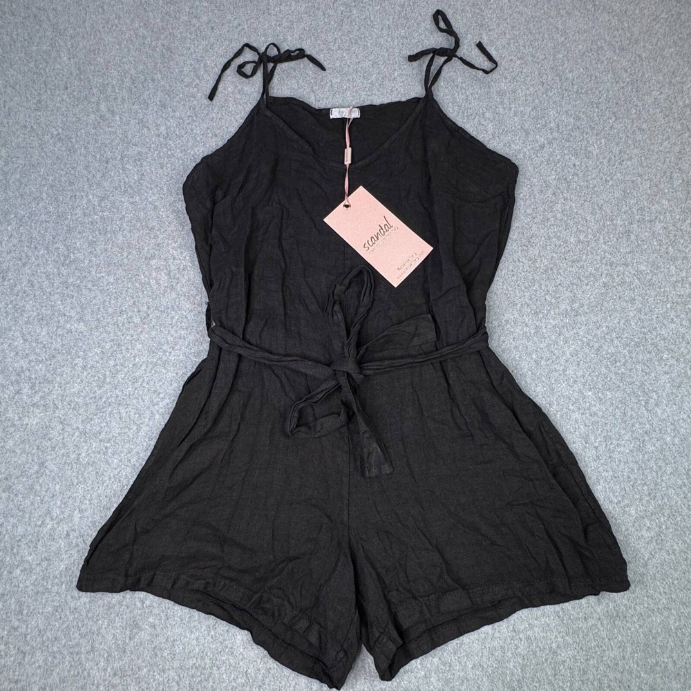 NEW‎ Scandal Made In Italy Black Tie Front Romper 100% Linen Designer One Size